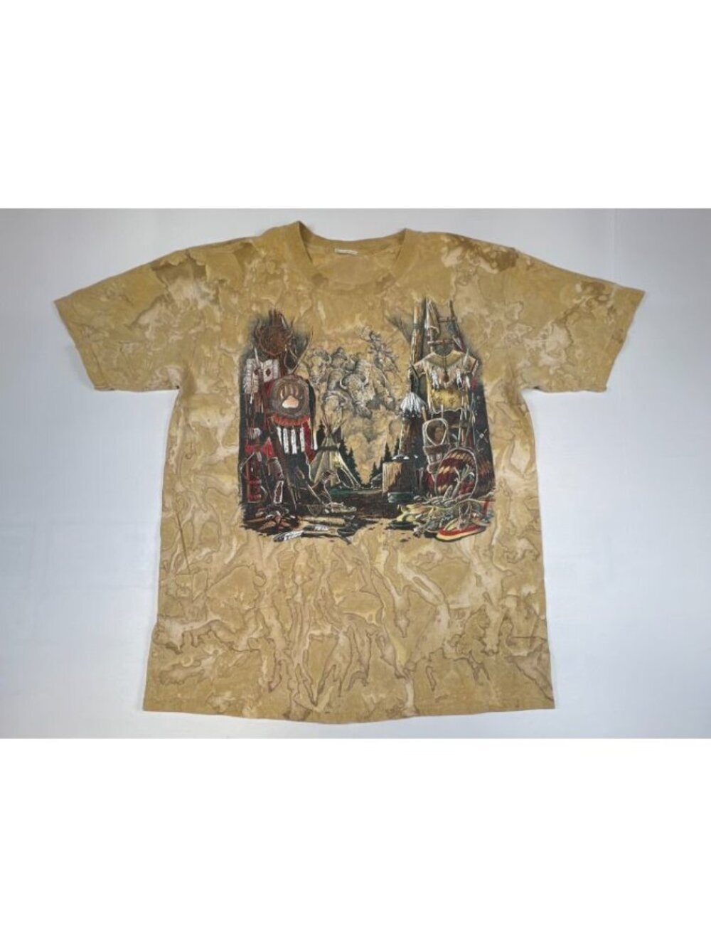Vintage Native American Art Graphic T-Shirt Mens Tan Brown Wildlife Tee Large
